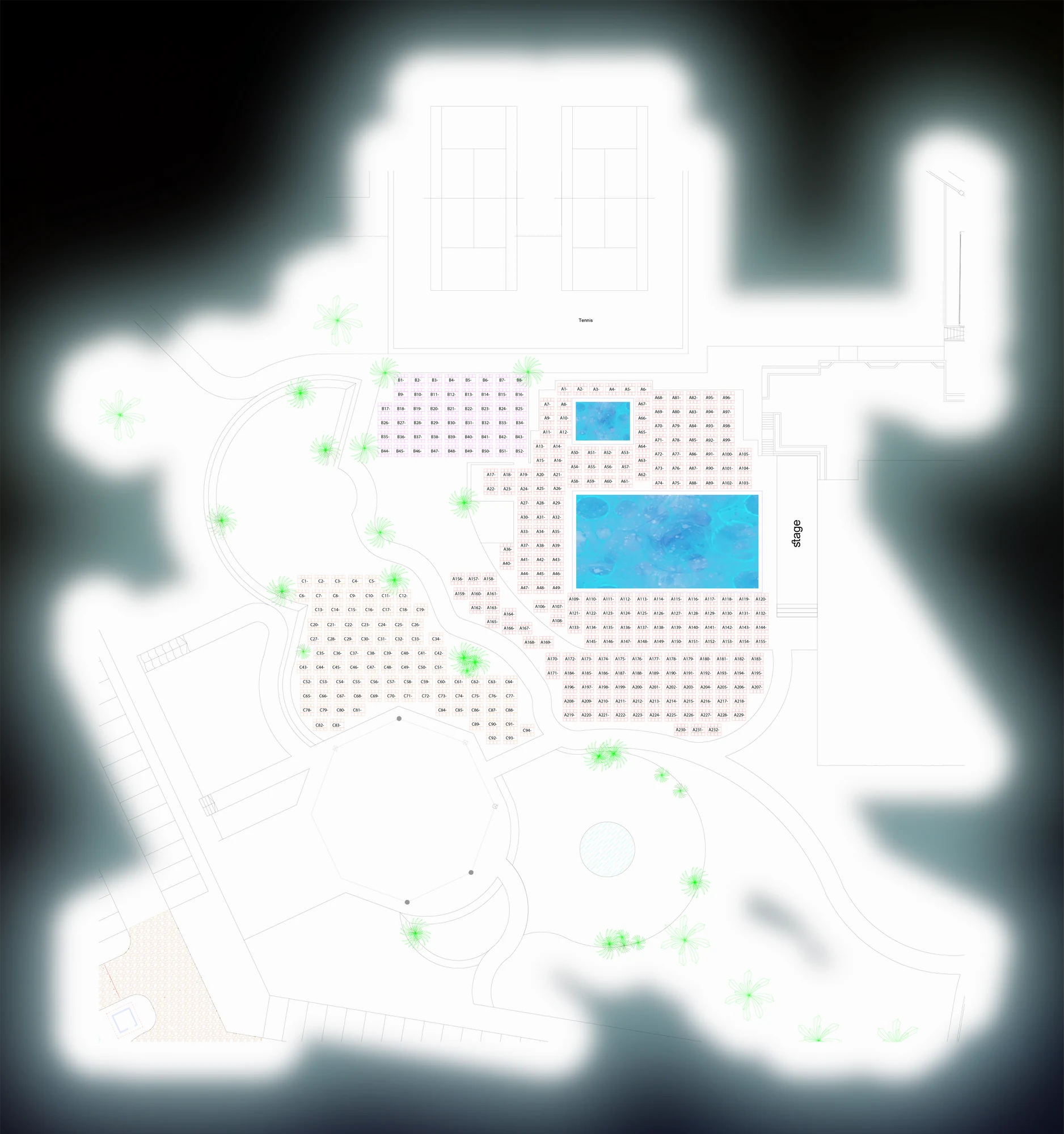 Poolside event seating plan with table labels and categories